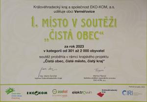 V soutěži „Čistá obec“ je opět nejlepší obec VERNÉŘOVICE